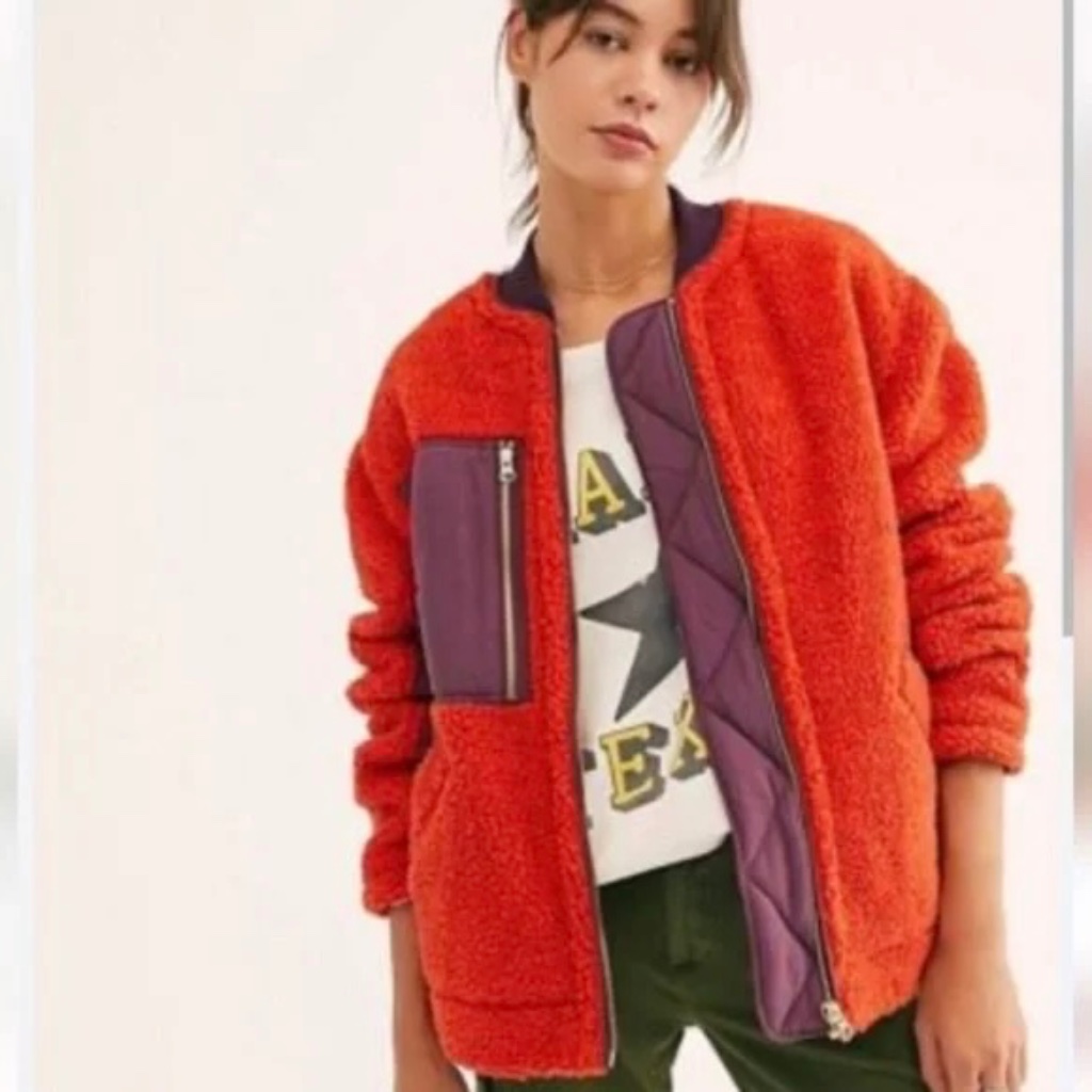 Free People Sherpa Zip Up Jacket Chili Combo Red Size Small